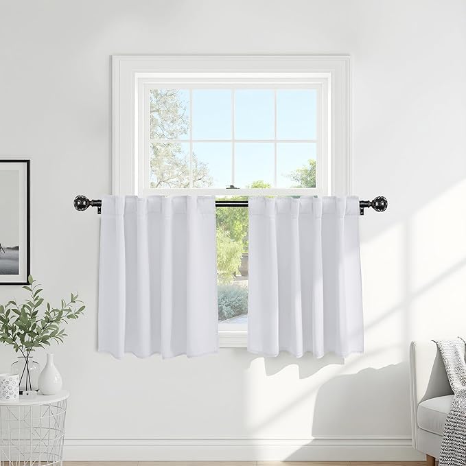 PONY DANCE Short Window Curtains 36 - Kitchen Tiers Valances Light Filter Rod Pocket Back Tab Drapes Blinds Match with Panels, 42 W x 36 in L, Pure White, 2 Pieces