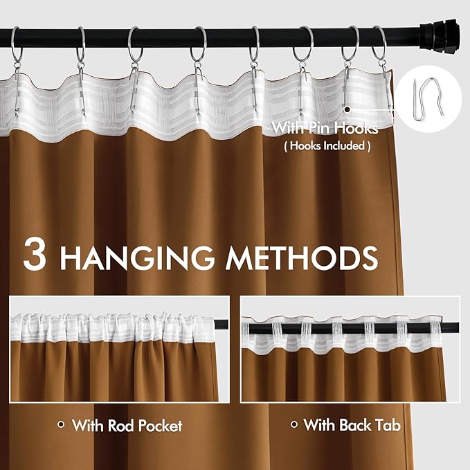 MIULEE Golden Brown Back Tab Blackout Curtains 63 Inch Length 2 Panels Set for Living Room Bedroom Privacy, Rod Pocket/Pinch Pleat Thermal Insulated Room Darkening Pleated Light Blocking Drapes