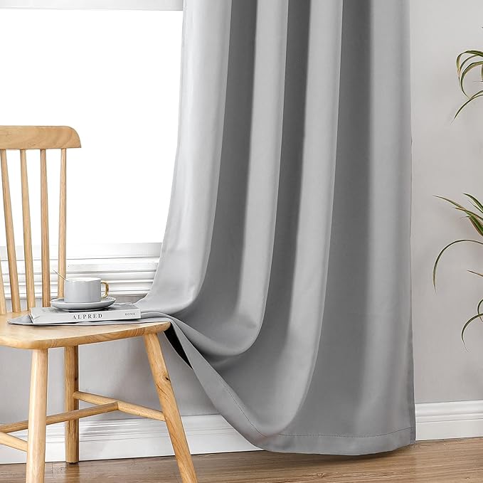 ChrisDowa 100% Blackout Curtains for Bedroom with Black Liner, 2 Thick Layers Total Blackout Thermal Insulated Grommet Window Curtains 72 Inch Length 2 Panels Set (Light Grey, 52 x 72 Inch)