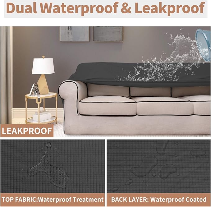 Easy-Going 100% Waterproof Loveseat Couch Cover, Dual Waterproof Sofa Cover, Stretch Jacquard Sofa Slipcover, Leakproof Furniture Protector for Kids, Pets, Dog and Cat (Loveseat, Dark Gray)