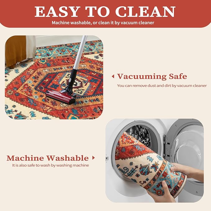 SERISSA 4x6 Boho Bedroom Rug, Washable Non Slip Vintage Orange Area Rugs, Ultra Soft Print Distressed Tribal Entry Rug Low-Pile Throw Carpet for Nursery Dorm Kitchen Living Room Decor