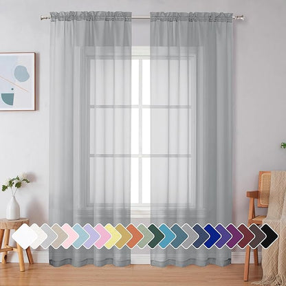 Simplebrand Light Grey Sheer Curtains 90 Inches Long 2 Panels, Light Filtering Rod Pocket Solid Color Window Sheer Curtain Panels, Elegant Curtains & Drapes for Living Room, Bedroom, 42" W x 90" L