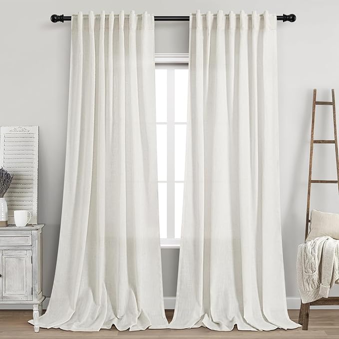 Nanspring Beige White Linen Curtains for Living Room 98 Inches Long Back Tab and Rod Pocket Light Filtering Semi Sheer Curtain Rustic Farmhouse Decor Luxury Drapes for Bedroom Office 52x98, 2 Panels