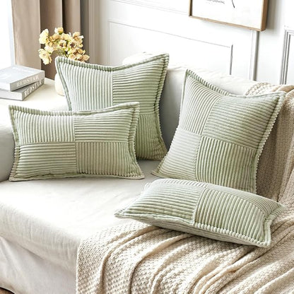 MIULEE Spring Decorative Throw Pillow Covers for Couch Bed Livingroom 18x18 Inch Set of 2 Light Green Boho Accent Throw Pllows Broadside Striped Patchwork Soft Corduroy Summer Pillowcases