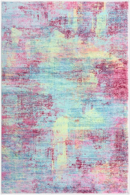 IOHOUZE Small Abstract Area Rug 2x3 Ft Entryway Rugs Washable Door Mat Indoor Entrance, Rubber Backed Throw Rugs, Printed Faux Wool Non Slip Floor Carpet for Foyer Front Door Sink, Pink Teal
