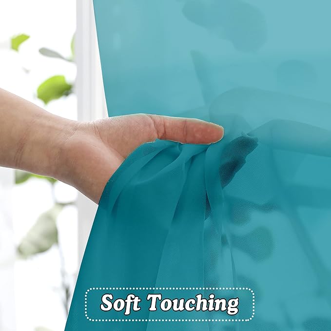 OVZME Turquoise Sheer Curtains 36 inches Long, Short Kitchen Window Treatment Solid Sheers Cafe Curtains Bathroom Voile Half Window Curtains 2 Panels, Rod Pocket, 42" Wx36 L