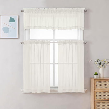 Chyhomenyc Sheer Window Valance Curtains, 2PCS Set, Light Filtering Valances Windows Treatment, Small Rod Pockets Voile Sheer Curtains for Living Room/Bathroom/Basement, 42Wx14L in, Set of 2, Ivory