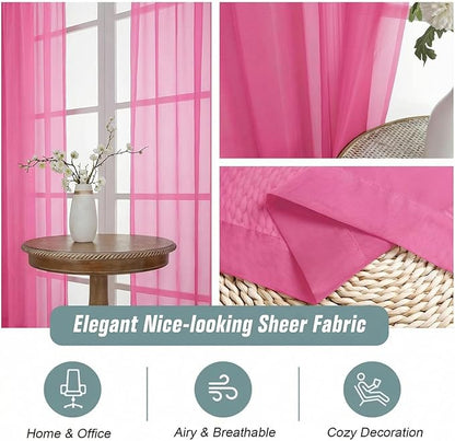 Sheer Curtains 63 Inch Length 2 Panels, Voile Sheer Curtain for Living Room, Breathable Light Filtering Window Treatments, Soft Fabric Dual Rod Pocket Drapes, Hot Pink, 2x42Wx63L Inches