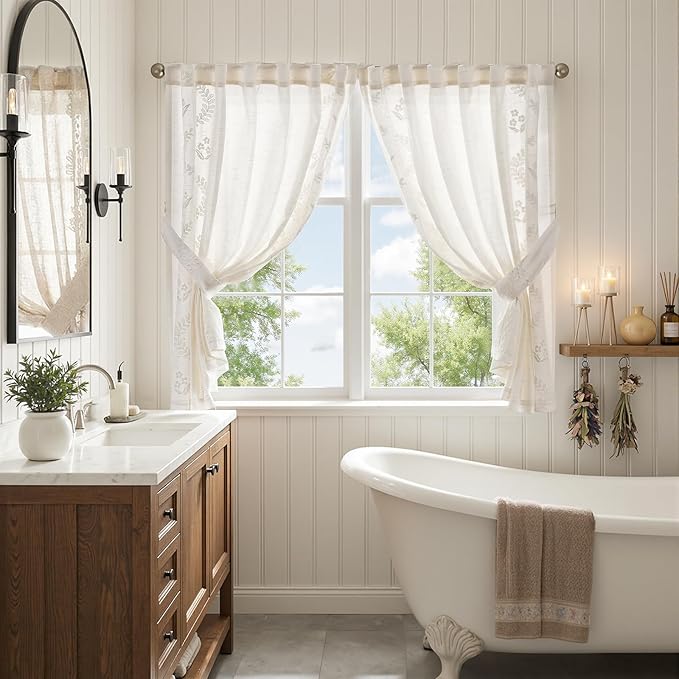 jinchan Belrose Linen Floral Cafe Curtains 45 Inch Length Embroidered Farmhouse Curtains for Kitchen Bedroom Bathroom Small Windows Curtain Set Light Filtering 2 Panels White