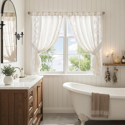 jinchan Belrose Linen Floral Cafe Curtains 45 Inch Length Embroidered Farmhouse Curtains for Kitchen Bedroom Bathroom Small Windows Curtain Set Light Filtering 2 Panels White