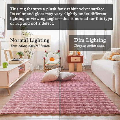 Pink Rabbit Plush Rug 5'x8', Fluffy Faux Fur Shaggy Area Rug for Nursery, Kids Room Decor, Soft Fuzzy Carpet for Living Room, Bedroom, Teen Girls Room