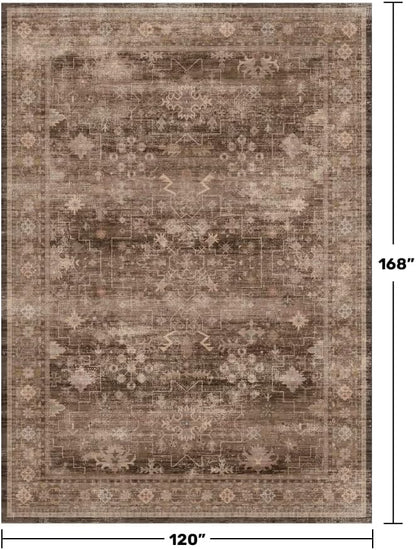 Hazo Haus Brown Rug for Living Room 10x14 - Extra Large Vintage Western Unique Neutral Taupe, Washable Low Pile Non-Slip Soft Thin Area Rug for Dining Under Table, Bedroom Under Bed, Home Office