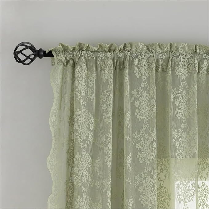 YJ YANJUN Vintage Lace Curtains -Cottage Flower Sage Green 132 inch Curtains for Living Room Bedroom, Extra Long Light Filtering Boho Drapes for Villa Patio Sliding Door 11 FT W52 x L132 2 Panels