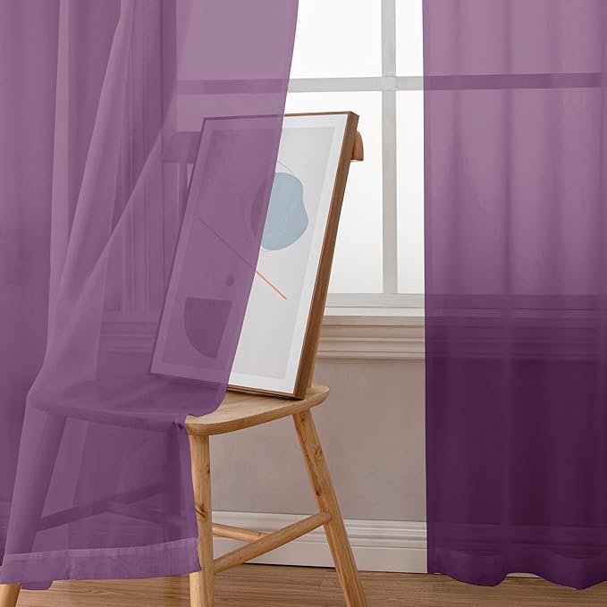 Simplebrand Plum Purple Sheer Curtains 96 Inches Long 2 Panels, Light Filtering Rod Pocket Solid Color Window Sheer Curtain Panels, Elegant Curtains & Drapes for Living Room, Bedroom, 42" W x 96" L
