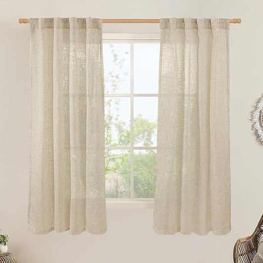 LAMIT Sheer Linen Curtains 63 Inches Long, Semi Sheer Light Filtering Panels Back Tab and Rod Pocket Small Cafe Drapes for Basement/Window/Loft Room, Linen, 2 Panels, 34 x 63 Inch