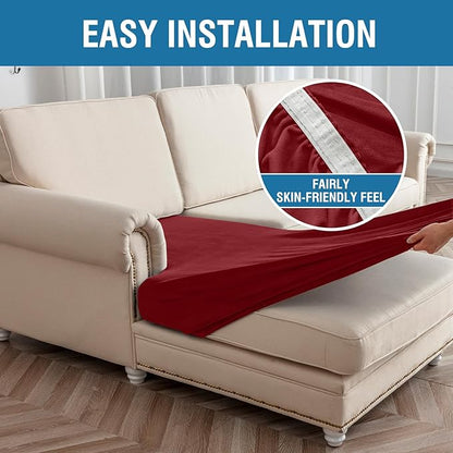Couch Cover 3-Piece Elastic Velvet Couch Cushion Covers & Chaise Slipcovers for L-Shaped Sofas, Sofa Seat Covers Washable, Soft Cover for Couches (2 Seater + Chaise, Christmas Red)