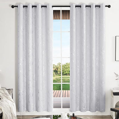 Deconovo Greyish White Curtains, Room Darkening Curtain, Thermal Insulated Soundproof Drapes, Silver Branch Print, 52 x 84 Inch Long, Grommet Window Panels for Living Room Bedroom Patio Door, Set of 2