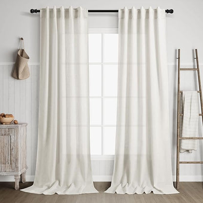 Cream Linen Curtains 96 inches Long for Bedroom Back Tab Light Filtering Privacy Sheer Cream Curtains Modern Farmhouse Coastal Decor Cotton Textured Gauze Curtain 2 Panel Set 36x96