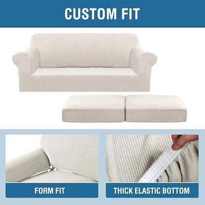 H.VERSAILTEX 3 Piece Stretch Sofa Covers for 2 Cushion Sofa Couch Covers for Living Room Sofa Slipcovers (Base Cover Plus 2 Seat Cushion Covers) Thicker Jacquard Fabric(Large Sofa, Ivory)