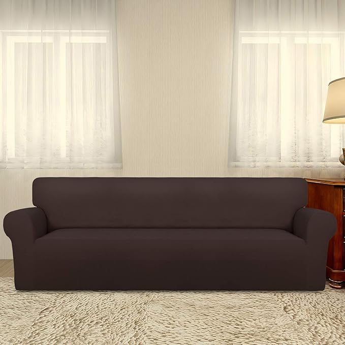 PureFit Super Stretch 4 Seater Sofa Slipcover – Spandex Non Slip Soft Couch Sofa Cover, Washable Furniture Protector with Non Skid Foam and Elastic Bottom for Kids, Pets （XX Large, Chocolate）
