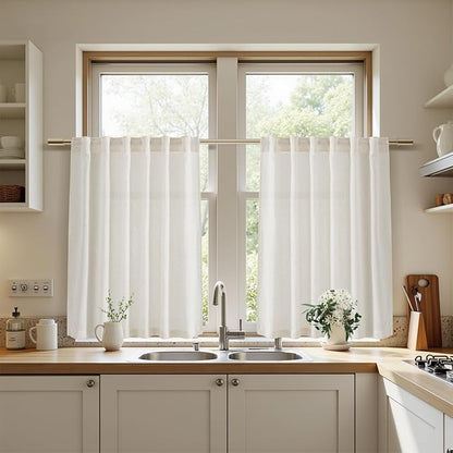 Nanspring 30 Inch Long Cream Curtains for Kitchen Linen Blend Semi Sheer Back Tab and Rod Pocket Light Filtering for Bathroom Small Window Curtain 25 x 30 Inch,2 Panels