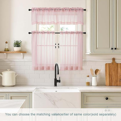 Blush Pink Valances for Windows 14 inch Length 2 Panels, Small Voile Sheer Curtains for Bathroom, Soft Fabric Lightweight Light Filtering Kitchen Curtains, Dual Rod Pocket, 2x42Wx14L Inches