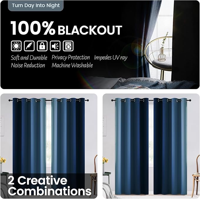 SimpleHome Ombre 100% Blackout Curtains for Bedroom, Full Light Blocking Gradient Blue Curtains, Thermal Insulated Grommet Window Drapes for Living Room,2 Panels, 52x84 inches Length
