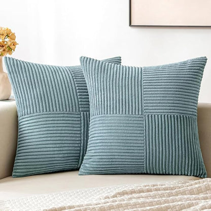 MIULEE Sky Blue Decorative Throw Pillow Covers 18x18 Inch for Couch Bed Sofa Pack of 2 Boho Farmhouse Throw Pillows Soft Cross Corduroy Patchwork Textured Cushion Cases