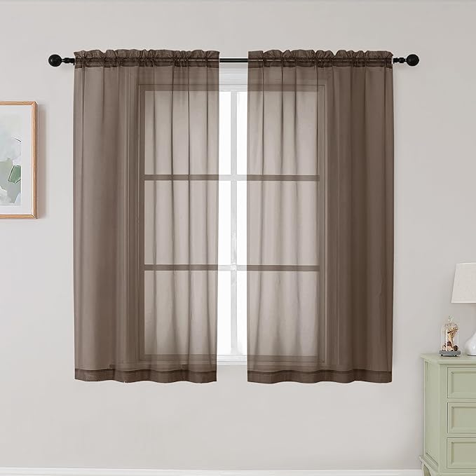 Chocolate Sheer Curtains for Bedroom Living Room 45 Inch Length 2 Panels, Soft Light Filtering Small Kitchen Window Curtains, Rod Pocket Short Curtain Drapes, Chocolate, 42" Wx45 L Inches
