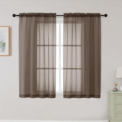 Chocolate Sheer Curtains for Bedroom Living Room 45 Inch Length 2 Panels, Soft Light Filtering Small Kitchen Window Curtains, Rod Pocket Short Curtain Drapes, Chocolate, 42" Wx45 L Inches