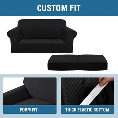 H.VERSAILTEX 3 Piece Stretch Sofa Covers for 2 Cushion Loveseat Couch Covers for Living Room Furniture Cover (Base Cover Plus 2 Seat Cushion Covers) Thicker Jacquard Fabric(Medium Sofa, Black)