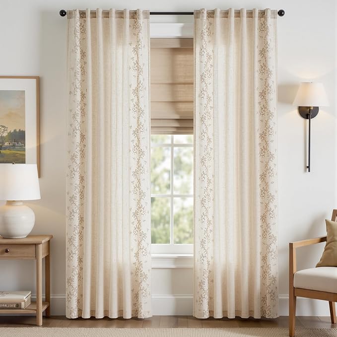 jinchan Evelyn Embroidered Linen Curtains for Living Room Elegant Farmhouse Decor Beige Floral Curtains Semi Sheer Light Filtering Window Drapes for Bedroom Rod Pocket Back Tab 2 Panels W50 x L84