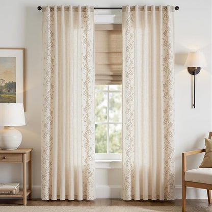jinchan Evelyn Embroidered Linen Curtains for Living Room Elegant Farmhouse Decor Beige Floral Curtains Semi Sheer Light Filtering Window Drapes for Bedroom Rod Pocket Back Tab 2 Panels W50 x L84