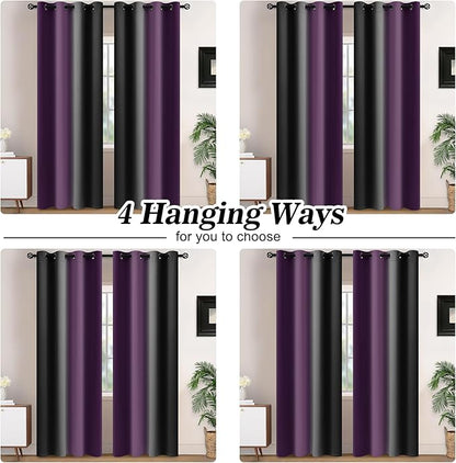 Yakamok Blackout Ombre Purple and Black Curtains for Bedroom, Gradient Room Darkening Curtains, Grommet Thermal Insulated Light Blocking Window Drapes/Curtain for Living Room,52 x 84 Inch,2 Panels