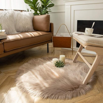 Ashler Faux Fur Rug - Fluffy Shaggy Area Rug, Ultra Soft 3 x 3 Feet Round, Beige Fuzzy Machine Washable Shag, Nursery Decor Throw for Bedroom, Kids Room, Living Room