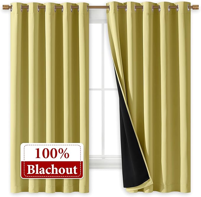 NICETOWN 100% Blackout Curtains with Black Liners, Thermal Insulated Full Blackout 2-Layer Lined Drapes, Energy Efficiency Window Draperies for Bedroom (Paler Yellow, 2 Panels, 70-inch W by 63-inch L)