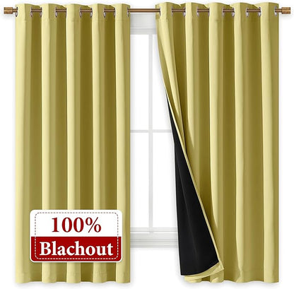 NICETOWN 100% Blackout Curtains with Black Liners, Thermal Insulated Full Blackout 2-Layer Lined Drapes, Energy Efficiency Window Draperies for Bedroom (Paler Yellow, 2 Panels, 70-inch W by 63-inch L)