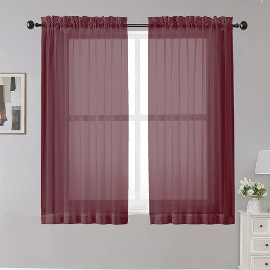 OWENIE Sheer Curtains, 45" Long Light Filtering Tiers for Kitchen, Bedroom, 2 Panels, Cafe Curtains for Small Window, 42" W x 45" L, Burgundy