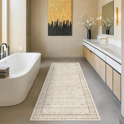 Beige Boho Bathroom Rug 2x7 - Non Slip Washable Floral Runner Rug for Kitchen Floor, Hallway, Farmhouse Entryway Mat with Geometric Pattern, Vintage Low Pile Stain Resistant Carpet
