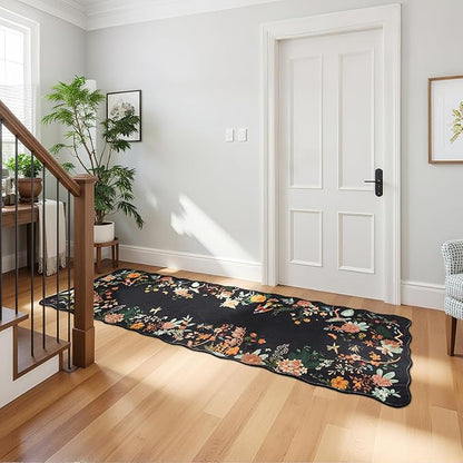 Rugflix 2x6 Runner Rug for Hallway, Washable Kitchen Runner Non Slip, Soft Low Pile Entryway Carpet, Vintage Floral Stain Resistant Long Laundry Room Rugs for Bedroom, Stairs