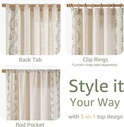 jinchan Belrose Linen Curtains for Bedroom Floral Curtains 63 Inch Length Sage Green Embroidered Drapes Farmhouse Flower Patterned Drapes for Living Room Window Treatments Sets 4 Panels