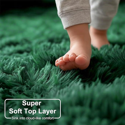Amdrebio Dark Green Fluffy Round Rugs 5Ft for Bedroom, Thick Floor Circle Rug for Kids, Teens Room Decor, Furry Shag Area Rug for Living Room, Baby Nursery, Dorm, Fuzzy Plush Fur Emerald Green Carpet