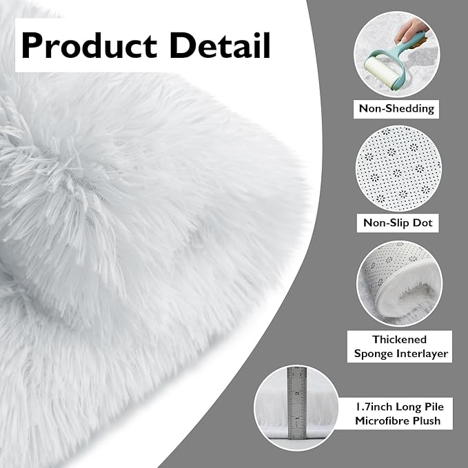 2x3 Fluffy Area Rugs for Bedroom Living Room,Small Soft Shag Fuzzy Rug Non-Shedding Indoor Plush Carpet for Kids Bedroom Nursery Dorm Home Decor,White