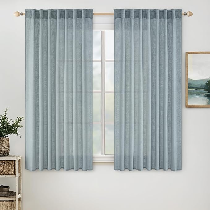 MIULEE Dusty Blue Short Linen Curtains 45 Inch Length 2 Panels for Kitchen Bedroom Bathroom, Soft Thick Linen Textured Basement Window Drapes Semi Sheer Light Filtering Back Tab Burlap Look Decor