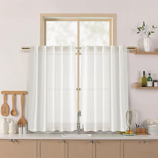 Nanspring 45 Inch Beige White Curtains Linen for Kitchen Short Window Semi Sheer Curtain Neutral Back Tab Rod Pocket Drapes Small Window for Cafe Bathroom 40 X 45,2 Panels