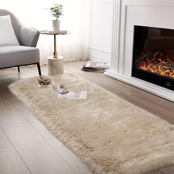 Beige Fluffy Rug for Bedroom, 2'X6' Faux Fur Rug for Runner, Soft Shag Rug for Sofa Couch Cushion, Cozy Shaggy Fuzzy Plush Floor Carpet for Nursery, Cute Bedside Dorm Home Decor Rectangle