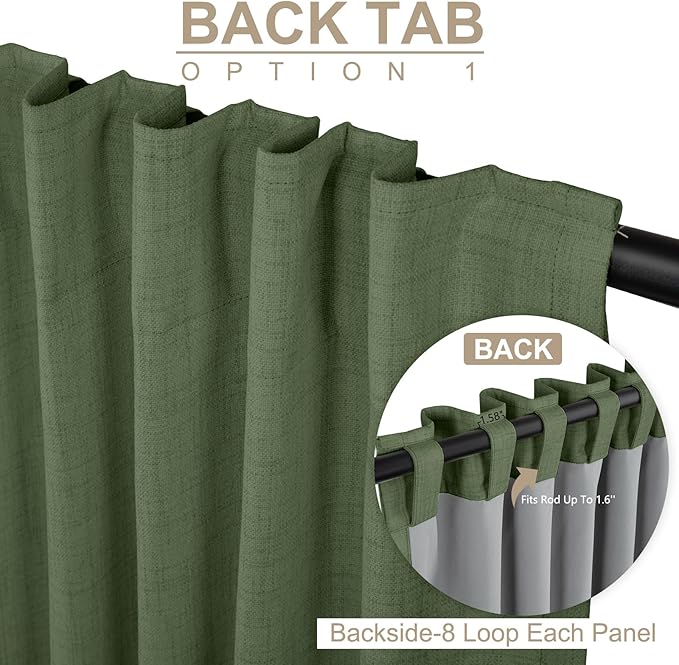 100% Blackout Shield Linen Blackout Curtains for Bedroom 102 Inches Long, Back Tab/Rod Pocket Living Room Drapes, Thermal Insulated Blackout Curtains 2 Panels Set, 50" W x 102" L, Olive Green