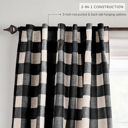 Elrene Home Fashions Farmhouse Living Grainger Buffalo-Check Room Darkening Window Curtain, Living Room and Bedroom Drape with Rod Pocket Tabs, 52" x 108", Black, 1 Panel