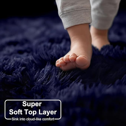 Amdrebio Dark Navy Round Rug 4Ft for Boys Room Bedroom, Fluffy Shag Fuzzy Plush Circle Area Rugs for Kids, Teens, Living Room Decor Aesthetic, Indigo Furry Cool Dark Blue Carpet for Dorm Baby Nursery