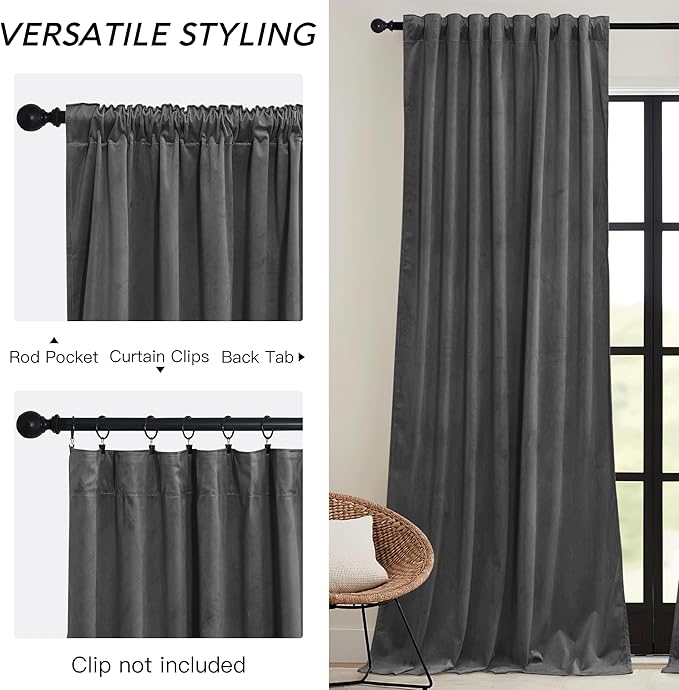 RYB HOME Grey Velvet Curtains 72 inches with Hook Belt, Soft Fabric Room Darkening Thermal Insulated Luxurious Home Decor Curtains for Living Room Bedroom, W 52" x L 72", 2 Panels Set